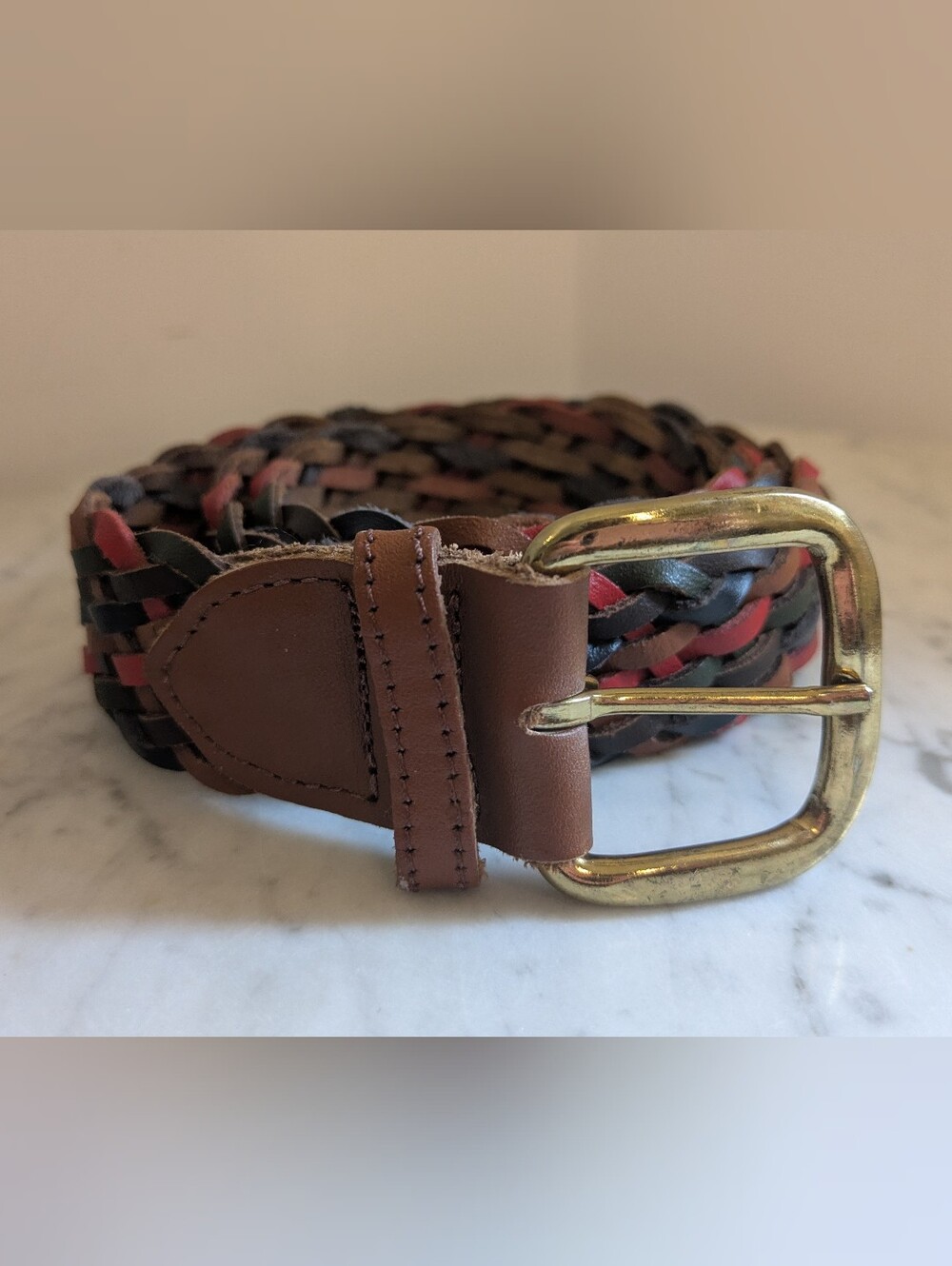 Vintage Woven Leather Braided Belt in Brown, Black, Red & Green